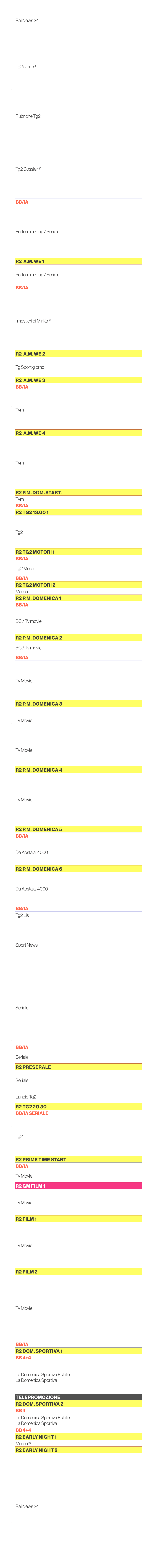 6.30,Rai News 24,6.35,6.40,6.45,6.50,6.55,7.00,Tg2 storie®,7.05,7.10,7.15,7.20,7.25,7.30,7.35,7.40,Rubriche Tg2 ,7.45...